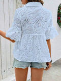 Women spring and summer Half-Sleeve Turndown Collar cardigan lace hollow T-shirt