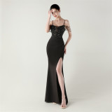 Women Fishbone Lace-Up Formal Formal Party Prom Strappy Sequin Evening Dress