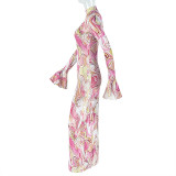 Women's Chic Print Stand Collar Long Sleeve Long Dress