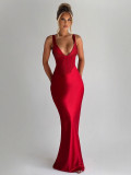 Women's Sexy Satin Low Back Slim V-Neck Fishbone Strap Evening Dress