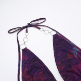Women's Chains Sexy V-Neck Slit Low Back Slim Prints Dress