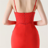 Women Strappy Heart-Shaped Lace Grid Embroidery Beaded Fishbone Formal Party Evening Dress
