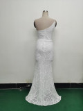 Women One Shoulder Beaded Sequin Embroidery Formal Party Prom Wedding Evening Dress