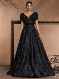 Women's Elegant Chic Sequin Patchwork Short Sleeve Cocktail Formal Evening Dress