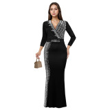 Women's Chic Elegant Beaded Half Sleeve V-Neck Fashionable Dress