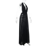 Women's Holidays Mesh Hollowed A-Line Deep V Halter Neck Long Dress