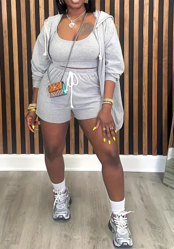 Plus Size Women's Solid Color Sports Three Piece Set(Hoodies+Vest+Shorts)