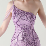 Women One Shoulder Beaded Sequin Embroidery Formal Party Prom Wedding Evening Dress