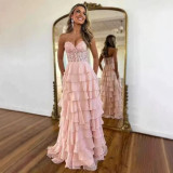 Women suspender Strapless Spring Summer sexy slit party ball Cascading Ruffles Evening Dress（Processing time need 3-6 days）