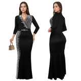 Women's Chic Elegant Beaded Half Sleeve V-Neck Fashionable Dress
