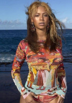 Women's Spring/Summer Fashion Mesh Print Round Neck Long Sleeve T-Shirt