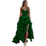 Women suspender Strapless Spring Summer sexy slit party ball Cascading Ruffles Evening Dress（Processing time need 3-6 days）