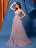 Women's Elegant A-Line Low Back Beaded Mesh Pink Sequin Strap Bridesmaid Formal Evening Dress