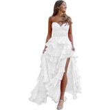 Women suspender Strapless Spring Summer sexy slit party ball Cascading Ruffles Evening Dress（Processing time need 3-6 days）