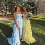 Women suspender Strapless Spring Summer sexy slit party ball Cascading Ruffles Evening Dress（Processing time need 3-6 days）