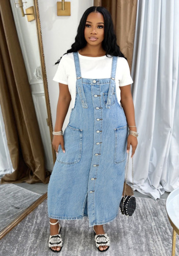 Women's Single Breasted Strapped Denim Long Dress