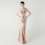 Women Beaded Tube Fishbone Lace-Up Sequin Formal Party Evening Dress