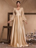 Women's Elegant Sequin Contrast Color Satin Long Sleeve V-Neck A-Line Evening Ball Gown