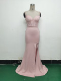 Women Strappy Heart-Shaped Lace Grid Embroidery Beaded Fishbone Formal Party Evening Dress