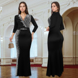 Women's Chic Elegant Beaded Half Sleeve V-Neck Fashionable Dress