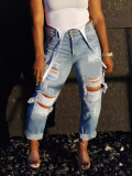 Women's Street Fashion High Waist Slim Fit Ripped Denim Pants
