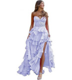 Women suspender Strapless Spring Summer sexy slit party ball Cascading Ruffles Evening Dress（Processing time need 3-6 days）