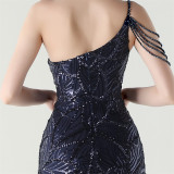 Women One Shoulder Beaded Sequin Embroidery Formal Party Prom Wedding Evening Dress