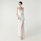 Women One Shoulder Beaded Geometric Sequin Formal Party Prom Wedding Evening Dress