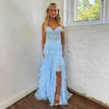 Women suspender Strapless Spring Summer sexy slit party ball Cascading Ruffles Evening Dress（Processing time need 3-6 days）