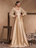 Women's Elegant Sequin Contrast Color Satin Long Sleeve V-Neck A-Line Evening Ball Gown