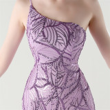 Women One Shoulder Beaded Geometric Sequin Formal Party Prom Wedding Evening Dress