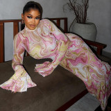 Women's Chic Print Stand Collar Long Sleeve Long Dress