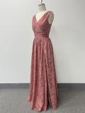 Women Printed Chiffon Party Sleeveless V-Neck Slit Evening Dress（Processing time need 3-6 days）