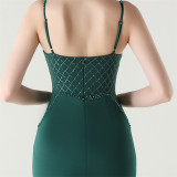 Women Strappy Heart-Shaped Lace Grid Embroidery Beaded Fishbone Formal Party Evening Dress