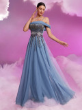 Women's Elegant Sequin Mesh Off Shoulder Chic A-Line Floor Length Cocktail Formal Evening Dress