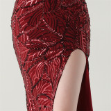 Women One Shoulder Beaded Sequin Embroidery Formal Party Prom Wedding Evening Dress