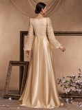 Women's Elegant Sequin Contrast Color Satin Long Sleeve V-Neck A-Line Evening Ball Gown