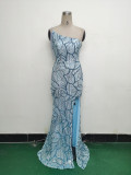 Women One Shoulder Beaded Sequin Embroidery Formal Party Prom Wedding Evening Dress