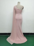 Women One Shoulder Slant Back Patchwork Mesh Formal Party Evening Dress