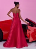 Women's Elegant Low Back Strapless A-Line Red Bridesmaid Formal Evening Dress