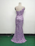 Women One Shoulder Beaded Sequin Embroidery Formal Party Prom Wedding Evening Dress