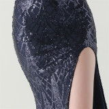 Women Beaded Tube Fishbone Lace-Up Sequin Formal Party Evening Dress