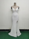 Women Beaded Tube Fishbone Lace-Up Sequin Formal Party Evening Dress