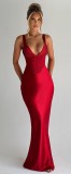 Women's Sexy Satin Low Back Slim V-Neck Fishbone Strap Evening Dress