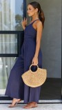 Women's Spring/Summer Solid Color Loose Wide Leg Linen Jumpsuit