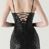 Women Beaded Tube Fishbone Lace-Up Sequin Formal Party Evening Dress