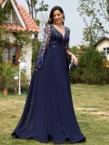 Women's Elegant Long Sleeve Split Sequin Patchwork Chic Cocktail Bridesmaid Evening Dress