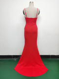 Women Strappy Heart-Shaped Lace Grid Embroidery Beaded Fishbone Formal Party Evening Dress