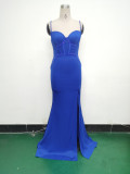 Women Strappy Heart-Shaped Lace Grid Embroidery Beaded Fishbone Formal Party Evening Dress
