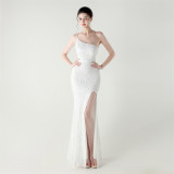 Women One Shoulder Beaded Sequin Embroidery Formal Party Prom Wedding Evening Dress